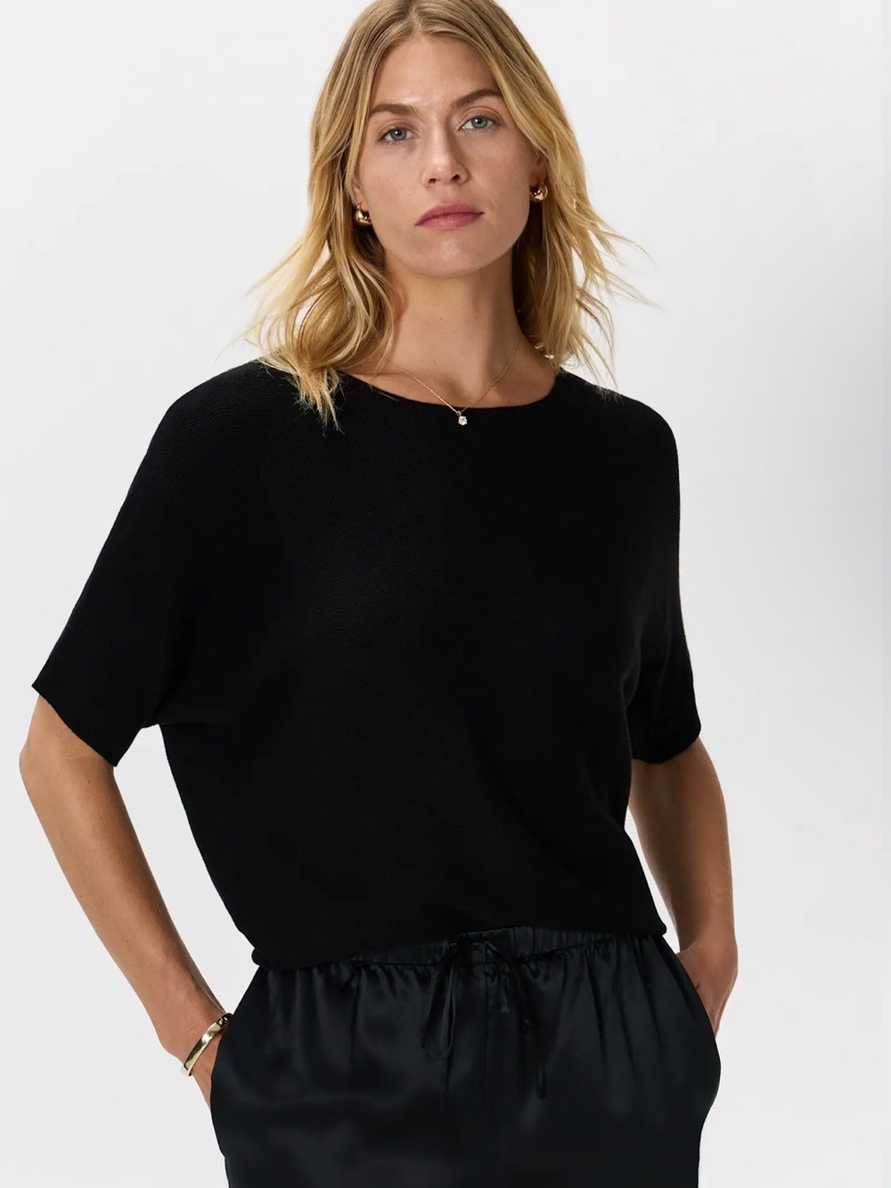 Lightweight Cotton Cashmere Link-Stitch Dolman Sweater